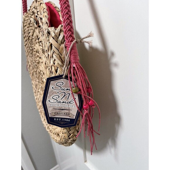 3 for 40$ Sun N Sand Beach Bag Natural Straw round  tote Pink NWT - Picture 4 of 7